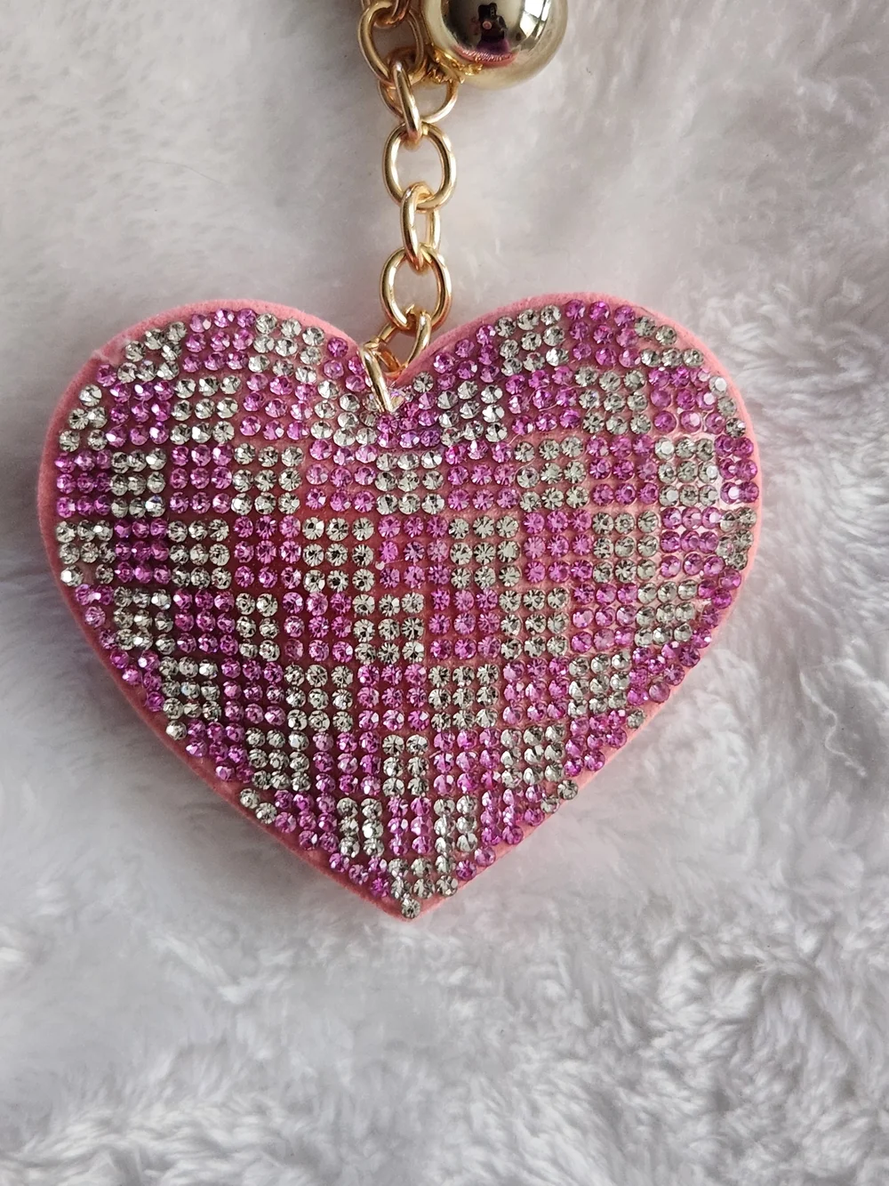 Pink Heart Rhinestone Keychain with Tassel Checkered Bag Charm